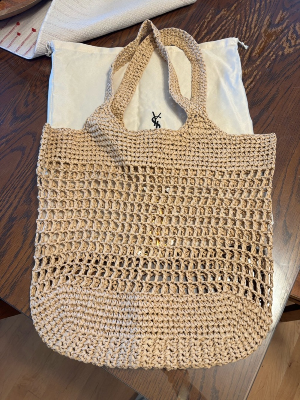 Icare Tan Crochet Tote with Gold Y S L Emblem beach bag NWOT - Picture 3 of 4